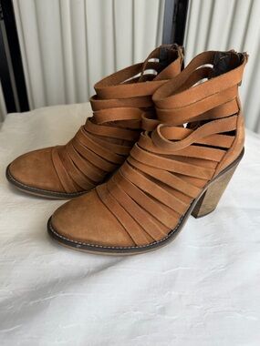 Free People Cognac Strappy Suede Heeled Ankle Boots